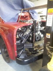 Test fitting the 5.7L Hemi and Transmission