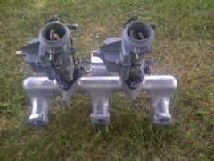 AoK  dual carb intake for 23 1/2" USA flathead mopars - prototype with prototyple tlinkage being developed for trucks or 1933-1938 Cars