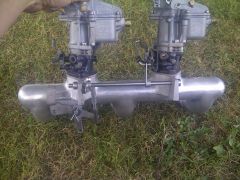 AoK  dual carb intake for 23 1/2" USA flathead mopars - prototype with prototyple tlinkage being developed for trucks or 1933-1938 Cars