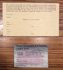 Dealer Referral Card & Last Inspection Sticker Miles